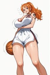 ai_generated alluring almost_naked almost_nude basketball basketball_shorts basketball_uniform big_breasts blush breasts brown_eyes female female_only long_hair looking_at_viewer nami nami_(one_piece) one_piece orange_hair ponytail post-timeskip seducing seduction seductive seductive_body seductive_eyes seductive_gaze seductive_look seductive_mouth seductive_pose shiny_hair shiny_skin sweat sweatdrop sweating sweaty sweaty_body voluptuous voluptuous_female yashin