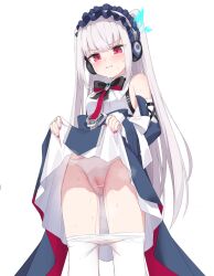 absurdres aroused azur_lane bare_shoulders blush bow bowtie breasts clenched_teeth clothes_lift clothes_pull commentary_request detached_sleeves dress dress_lift embarrassed female from_below hairband halford_(azur_lane) hands_up headphones highres lifting_own_clothes lolita_hairband long_hair looking_at_viewer looking_down nail_polish panties pantyhose pantyhose_pull parted_lips pink_eyes pink_nails pussy_juice pussy_juice_drip_through_clothes pussy_juice_trail red_eyes see-through see-through_panties shasha_(shasha159357) small_breasts solo standing teeth underwear very_long_hair wet wet_clothes wet_panties wet_pantyhose white_hair white_panties