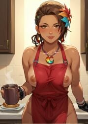 ai_generated apron areola_slip areolae ass azucena_milagros_ortiz_castillo bandai_namco big_ass big_breasts breasts brown_eyes brown_hair coffee curvy curvy_female curvy_figure dark-skinned_female dark_skin earrings erect_nipples flower_in_hair hair_ornament huge_breasts latina light-skinned_male medium_hair namco necklace night_club peruvian peruvian_female pose seductive sex shaved_crotch standing sweat tanned tekken tekken_8 thick_thighs video_game_character voluptuous voluptuous_female wide_hips