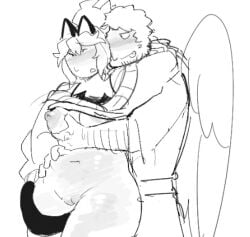 1boy 1girls areola_slip areolae avian black_and_white bottomless breasts brighteyes cat_ears cat_tail catgirl edging hip_dips married_couple nipples not_forsaken one_breast_out pussy roblox roblox_admins robloxian shedletsky sketch source_request squeezing_breast teasing telamon thick_thighs thighs whitetea2007