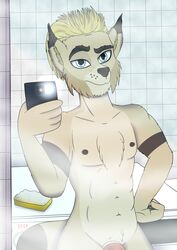 2018 absurd_res anthro feline fur hair hi_res looking_at_viewer lynx male male_only mammal nipples nude patt_(waver-ring) penis phone selfie solo waver-ring