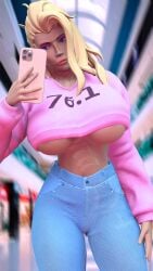 3d big_breasts blonde_hair breasts curvy_figure f4 female female_only femscout_(alt_design) hoodie iphone jeans large_breasts looking_at_phone poster selfie sfm source_filmmaker underboob