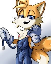 1boy anitwenty anthro anthro_only bedroom_eyes big_nipples big_penis biped bulge canid canine chest_tuft clothed clothing denim_overalls detailed_bulge fox fur furry furry_only genital_outline genitals gloves handwear hi_res looking_at_viewer male male_anthro male_only mammal miles_prower miles_tails_prower multi_tail narrowed_eyes nipples orange_body orange_fur overalls overalls_only partially_clothed penis penis_outline seductive sega solo solo_male sonic_(series) sonic_the_hedgehog_(series) standing tail tails tails_the_fox tuft twink undressing white_gloves white_handwear