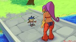 1boy 1girls ass back_view bolo cat_breakdancing_meme cherryboy female long_hair male meme pointy_ears purple_hair screenshot shantae shantae_(character)