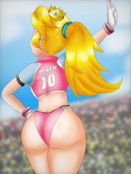 1girls artist_name ass ass_focus back big_ass blonde_hair crown earrings fat_ass female female_focus from_behind gloves hand_on_hip highres jewelry long_hair looking_afar mario_(series) mario_strikers mario_strikers_peach_back_view_redraw_(meme) midriff nintendo outstretched_arm pink_shirt pink_shorts ponytail pose posing princess_peach sensual shirt short_shorts short_sleeves shorts soccer_uniform solo sportswear standing thighs two-tone_shirt white_gloves wide_hips