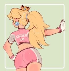 1girls ass ass_focus back big_ass blonde_hair crown earrings fat_ass female female_focus from_behind gloves hand_on_hip highres jewelry kikoepi long_hair looking_afar mario_(series) mario_strikers mario_strikers_peach_back_view_redraw_(meme) midriff nintendo outstretched_arm pink_shirt pink_shorts ponytail pose posing princess_peach sensual shirt short_shorts short_sleeves shorts soccer_uniform solo sportswear standing thighs two-tone_shirt white_gloves wide_hips