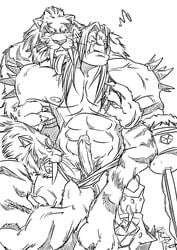 anthro blackhand blizzard_entertainment feline gay group humanoid male male/male male_only mammal nude orc orc_male patchcaacaa penis saber-toothed saberon simple_background video_games warcraft