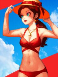 1girls bellhenge bikini blue_eyes breasts brown_hair clouds donkey_kong_(series) earrings hat lipstick mario_(series) medium_breasts midriff navel necklace nintendo outside pauline ponytail power_moon red_bikini red_swimsuit sky sun_hat swimsuit