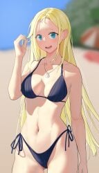 absurdres beach beach_umbrella bikini black_bikini blonde_hair blue_eyes blurry blurry_background breasts chinese_commentary commentary cowboy_shot day fangfangtu female forehead highleg highleg_bikini highleg_swimsuit highres kofune_ushio long_hair looking_at_viewer medium_breasts outdoors side-tie_bikini_bottom solo summertime_render swimsuit umbrella