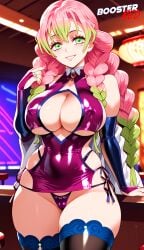 adjusting_panties ai_generated bare_shoulder bodycon boosterred99 braid bridal_gauntlets cameltoe cleavage clothing_cutout covered_navel covered_nipples cutout dress female female_only green_eyes kanroji_mitsuri kanroji_mitsuri_(cosplay) kimetsu_no_yaiba large_breasts latex_panties long_hair mommy pink_hair post-timeskip ring seductive_smile shiny_clothes side-tie_panties side_locks sideboob skirt solo twin_braids underboob wavy_hair