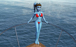 1girls 3d aayla_secura alien alien_girl arms_up artist_name bare_shoulders barefoot big_breasts bikini bikini_bottom bikini_top blue_skin busty clone_wars curvy day detailed_background eyelashes female female_only front_view hands_on_hip headgear holding_object hourglass_figure humanoid jedi jedi_master kondaspeter looking_at_viewer mammal midriff outdoor outside pose posing purple_lips shadow shiny shiny_skin solo standing star_wars swimsuit thong twi'lek voluptuous water wide_hips yellow_eyes