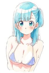 ai_assisted bare_arms bare_belly bare_shoulders big_breasts bikini blue_bikini blue_eyes blue_hair blush breasts bulma_briefs cleavage collarbone dragon_ball jei_games parted_lips short_hair side_ponytail sideboob underboob wet_body wet_hair