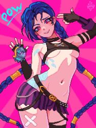 1girls 2d arcane breasts female female_only jinx_(league_of_legends) league_of_legends midriff navel pixel_art pow small_breasts thick_thighs underboob underwear yumykon