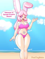 beach belly_valve big_breasts bikini female inanimate_animate inflatable inflated_breasts kemonomimi living_doll living_inflatable living_pool_toy oc one_eye_closed pink_hair pooltoy pooltoyneko rabbit shiny_hair shiny_skin squeaking swimsuit wink winking winking_at_viewer