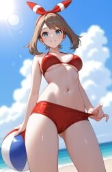 1girl ai_generated bare_arms bare_shoulders beach beach_ball bikini bikini_bottom bikini_top blue_eyes breasts brown_hair cleavage clouds female hips lake looking_down looking_down_at_viewer may_(pokemon) may_(pokemon_oras) medium_hair moose_knuckle navel paquebot pokemon pulling_clothing red_bikini red_swimsuit red_swimwear ribbon sky smile smiling smiling_at_viewer solo solo_focus summer sunlight swimming swimsuit swimwear thighs