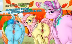 2024 animal_genitalia animal_pussy anus clitoris cutie_mark english_text equid equine equine_anus equine_genitalia equine_pussy female female/female feral fluttershy_(mlp) freckles friendship_is_magic genitals group hair hasbro hi_res hooves horn horse looking_back magic mammal multicolored_hair my_little_pony mythological_creature mythological_equine mythology pegasus pink_hair plant pony pussy rainbow_dash_(mlp) rainbow_hair smile starlight_glimmer starlight_glimmer_(mlp) stretched_pussy tail text tree trio unicorn wings zuckergelee