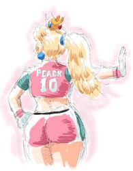 1girls ass ass_focus back big_ass blonde_hair crown earrings fat_ass female female_focus from_behind gloves hand_on_hip highres jewelry long_hair looking_afar mario_(series) mario_strikers mario_strikers_peach_back_view_redraw_(meme) midriff nintendo outstretched_arm pink_shirt pink_shorts ponytail pose posing princess_peach sensual shirt short_shorts short_sleeves shorts soccer_uniform solo sportswear standing thighs traditional_media two-tone_shirt white_gloves wide_hips