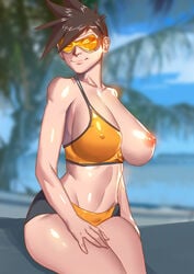 1girls big_areolae cleavage curvy dat_ass erect_nipples female female_only huge_breasts jhinbrush overwatch puffy_nipples short_hair solo thick_lips tracer voluptuous wide_hips