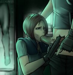 albert_wesker artist_name brown_hair capcom clothing crying crying_with_eyes_open duo erodrunky fellatio female fingerless_gloves forced gloves gun hair jill_valentine jill_valentine_(julia_voth) lesseinsanimer male oral partial_male penis rape resident_evil saliva sex straight tears video_games watermark