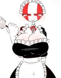 big_breasts blue_eyes breasts clothed_female countryhumans countryhumans_girl edited female fully_clothed holding holding_object kak0yt0_chel looking_at_viewer maid maid_headdress maid_uniform peru_(countryhumans) questionable red_eyes smiling_at_viewer solo tagme white_background