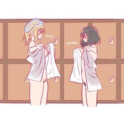 2girls azjames34 black_hair blonde_hair blue_eyes blush breasts canon_couple color embarrassed english_text female_pubic_hair full-face_blush functionally_nude glasses kamikoshi_sorawo locker_room long_hair looking_at_another nipples nishina_toriko open_towel otherside_picnic partially_clothed ponytail presenting pubic_hair red_eyes romantic romantic_couple short_hair sound_effects tied_hair towel towel_only white_background wholesome yuri