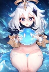 1girl 1girls ai_generated convenient_censoring genshin_impact holding_object huge_breasts light-skinned_female light_skin paimon_(genshin_impact) shortstack slime_(genshin_impact) slime_(substance) surprised thick_thighs white_hair