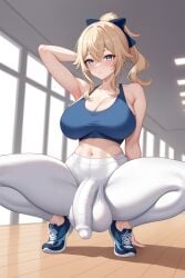 1futa abs ai_generated ball_bulge balls balls_outline balls_under_clothes big_balls big_breasts blonde_hair blue_eyes breasts bulge_through_clothing bulge_under_clothes flaccid futa_only futanari genshin_impact gym gym_clothes huge_breasts huge_cock hyper hyper_balls hyper_penis indoor legs_apart light-skinned_futanari penis penis_bulge penis_under_clothes solo solo_futa squatting