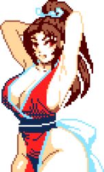 arms_behind_head bare_shoulders bare_thighs brown_hair cleavage fatal_fury jezeargdraw long_hair looking_at_viewer mai_shiranui milf no_bra no_panties no_underwear open_mouth pixel_art ponytail red_eyes revealing_clothes sideboob silf smile snk solo the_king_of_fighters thighs