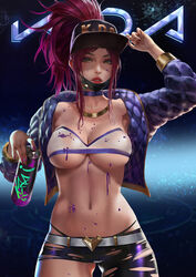 akali alternate_costume asymmetrical_legwear belt cleavage g-string highres idol jacket k/da_akali k/da_series league_of_legends liebeloss_.lex lipstick midriff navel revealing_clothes strapless strapless_top strapless_topwear tagme thong torn_clothes tubetop underboob