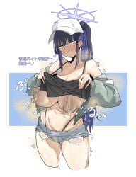 bare_shoulders blue_archive blunt_bangs blush breasts cleavage female female_pubic_hair halo hat highres japanese_text large_breasts leebo_(leeboxxx) leebongchun lifting_own_clothes long_hair looking_at_viewer navel nipples off_shoulder ponytail pubic_hair pubic_hair_peek purple_eyes purple_hair sagging_breasts saori_(blue_archive) saori_(swimsuit)_(blue_archive) shorts solo text