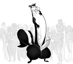 anthro art-act body_horror cock_transformation crowd diphallia diphallism furry group looney_tunes male mammal mephitid monochrome multi_penis orgasm penis penis_transformation pepe_le_pew public simple_background skunk smooth_fur solo transformation warner_brothers what white_background