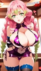 adjusting_panties ai_generated bare_shoulder bodycon boosterred99 braid braided_hair bridal_gauntlets cameltoe cleavage clothing_cutout covered_navel covered_nipples cutout demon_slayer dress female female_only green_ green_eyes hair holding_breast holding_breasts kanroji_mitsuri kanroji_mitsuri_(cosplay) kimetsu_no_yaiba large_breasts latex_panties leaning_forward long_hair miniskirt mommy multicolored_hair post-timeskip ring seductive_smile shiny_clothes side-tie_panties side_locks sideboob skirt solo twin_braids underboob wavy_hair