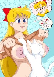 artemis_(sailor_moon) bishoujo_senshi_sailor_moon blonde_hair blush breasts domestic_cat duo face_between_breasts felid feline felis female fur hair hi_res human long_hair male male/female mammal mcgreen minako_aino nipples open_mouth red_bow sailor_moon_(series) white_body white_fur