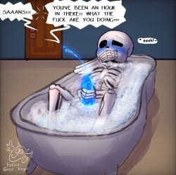 bathtub blush caught caught_cumming caught_in_the_act caught_masturbating covering_mouth cum cumming dialogue ectopenis embarrassed fallen_ghost_angel_(artist) masturbating masturbation papyrus sans solo_male undertale