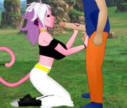 1boy 1girls 2010s android android_21 balls belt big_breasts black_nail_polish black_sclera boots breasts collar dark_persona demon_girl dragon_ball dragon_ball_fighterz erection faceless_male female hand_on_penis handjob humanoid long_hair majin majin_android_21 male penis pink_skin pointy_ears red_eyes roro73290 saiyan son_goku super_deepthroat_game tail tongue tongue_out white_hair