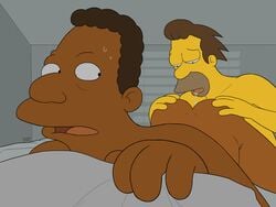 2boys ass bed bedroom brown_hair butt carl_carlson dark-skinned_male gay gay_rimjob gay_sex idrewthis indoors interracial lenny_leonard looking_back male male_only nude pluvatti rimjob rimming saliva saliva_trail the_simpsons yaoi yellow_skin