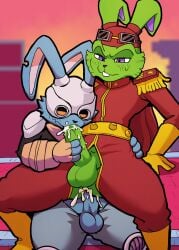 absurd_res anal anthro background balls blackjack_o'hare blush bodily_fluids bucky_o'hare bucky_o'hare_(series) crossover cum duo eyewear eyewear_on_head genital_fluids genitals goggles goggles_on_head guardians_of_the_galaxy hare hi_res kori-nio lagomorph leporid male male/male mammal marvel marvel_comics oral orgasm secretly_loves_it space sweat sweatdrop