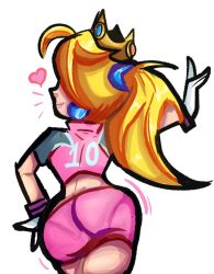 1girls ass ass_focus back big_ass blonde_hair crown earrings fat_ass female female_focus from_behind gloves hair_over_eyes hand_on_hip heart highres huge_ass jewelry long_hair looking_afar mario_(series) mario_strikers mario_strikers_peach_back_view_redraw_(meme) midriff nintendo outstretched_arm pantylines pink_lips pink_shirt pink_shorts ponytail pose posing princess_peach sensual shirt short_shorts short_sleeves shorts smile soccer_uniform solo sportswear standing thighs two-tone_shirt white_gloves wide_hips