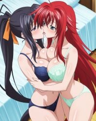 2girls ai_generated akeno_himejima bed big_ass big_breasts bikini breasts_press breasts_pressed_against_another breasts_to_breasts curvy_females females_only french_kiss girlfriends high_school_dxd hugging_each_other hugging_partner indoors kissing lesbian_couple lesbian_kiss looking_at_each_other rias_gremory rias_x_akeno saliva saliva_drip saliva_kiss symmetrical_docking thick_thighs voluptuous_female wide_hipped_female wife_and_wife yuri yuri yuri