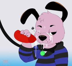 anthro canine cartoon_network clothed clothing collar courage courage_the_cowardly_dog cum cum_in_mouth cum_inside cum_on_face cum_on_penis doodleburr erection fellatio fur leash looking_at_viewer male male_only mammal oral orgasm penis pink_fur sex simple_background solo