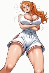 ai_generated alluring almost_naked almost_nude basketball basketball_shorts basketball_uniform big_breasts blush breasts brown_eyes female female_only long_hair looking_at_viewer nami nami_(one_piece) one_piece orange_hair ponytail post-timeskip seducing seduction seductive seductive_body seductive_eyes seductive_gaze seductive_look seductive_mouth seductive_pose shiny_hair shiny_skin sweat sweatdrop sweating sweaty sweaty_body voluptuous voluptuous_female yashin
