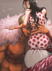 1boy 1girls 4444_(tetsuya) ass big_ass black_hair creepy_smile donquixote_doflamingo dressrosa female fully_clothed larger_male long_hair looking_at_viewer looking_back male mini_giant muscular_male one_piece polka_dot post-timeskip size_difference smaller_female smile viola_(one_piece) wide_hips