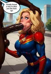 ai_generated blonde_female blonde_hair blowjob blue_eyes captain_marvel carol_danvers caucasian_female cheek_bulge dark-skinned_male dialogue dialogue_bubble fellatio hand_on_head interracial marvel marvel_comics oral pale-skinned_female saliva saliva_trail sloppy_blowjob speech_bubble will_of_ai