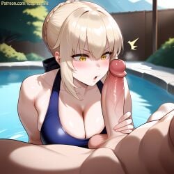 1boy ai_generated artoria_pendragon artoria_pendragon_(alter) artoria_pendragon_(swimsuit_rider_alter) blonde_hair fate/grand_order fate_(series) female hetero holding_penis icecreamai large_breast large_penis light-skinned_female light-skinned_male looking_at_penis onsen penis_awe stable_diffusion swimsuit yellow_eyes