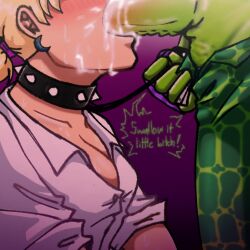 2023 alligator alligatorid anthro anthro_on_human blowjob blowjob_only blush blush_lines collar crocodile crocodilian crocodylid cum cum_in_mouth digital_drawing_(artwork) digital_media_(artwork) female female_focus female_human five_nights_at_freddy's leash leash_and_collar leash_pull male male/female male_anthro milanesa_422 mileena(milanesa_422) montgomery_gator_(fnaf) oc oral oral_sex original_character pants pants_down penile penis penis_in_mouth reptile reptile_humanoid spiked_collar