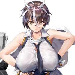 armpits bare_shoulders black_necktie black_tie brown_hair buttoned_cuffs cape cloak color cuffs detached_cuffs female female_focus female_only galatea_(last_origin) game_cg hair_between_eyes hand_on_hip hand_on_own_hip huge_breasts kuuro_kuro last_origin looking_at_viewer mantle multicolored_hair naval_uniform navy_uniform necktie necktie_between_breasts nipple_bulge shirt_cuffs short_hair sleeveless sleeveless_shirt sleeveless_uniform smile smiling smiling_at_viewer spiked_hair streaked_hair tie tie_between_breasts transparent_background uniform upper_body white_cape white_cloak white_hair wrist_cuffs yellow_eyes