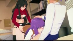 1girls 2futas 3d animated artoria_pendragon bedroom black_hair black_legwear blonde_hair blowjob fate/grand_order fate_(series) futa_on_female futanari hand_on_head hands_on_hips hikaku koikatsu lifted_shirt lingerie lingerie_bra lingerie_panties loop matou_sakura no_sound oral oral_sex partially_clothed sex sex_from_behind skirt spitroast sucking_penis tagme tohsaka_rin twintails video