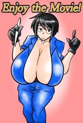 30th_video_rentals alternate_breast_size big_breasts bikini black_hair breasts breasts_bigger_than_head cleavage curvy dgsgear english_text fanart female female_focus female_only holding holding_object huge_breasts hyper hyper_breasts indie_virtual_youtuber jumpsuit kataochi_chuuko large_breasts looking_at_viewer nakako_kataochi pen plump posing short_hair simple_background smile solo solo_female standing top_heavy virtual_youtuber vtuber wide_hips