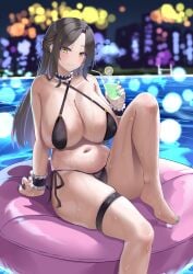 absurdres aqua_nails aqua_toenails barefoot bikini black_bikini black_hair breasts cleavage cocktail commission criss-cross_halter female halterneck highres huge_breasts idolmaster idolmaster_cinderella_girls inflatable_raft kaijiba large_breasts long_hair looking_at_viewer micro_bikini mukai_takumi nail_polish navel night painted_nails painted_toenails parted_bangs pixiv_commission pool rooftop sitting skyline smile solo stomach swimsuit thighs toenail_polish wet