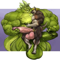 2boys anthro balls big_balls canine duo erection foreskin_pull gay holding_penis huge_balls humanoid_penis hyper hyper_balls hyper_muscles hyper_penis lizard male male_only mammal muscular muscular_male nipple_pinch nude oldshep pecs penis pinch pubes reptile retracted_foreskin scalie size_difference smile uncut vein veiny_muscles yaoi